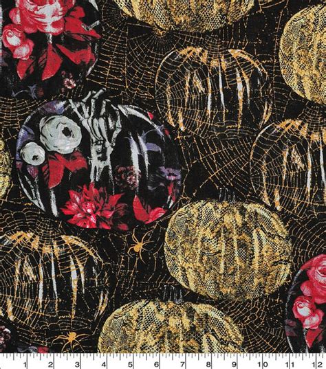 Pattern Trap Pumpkins Halloween Metallic Cotton Fabric